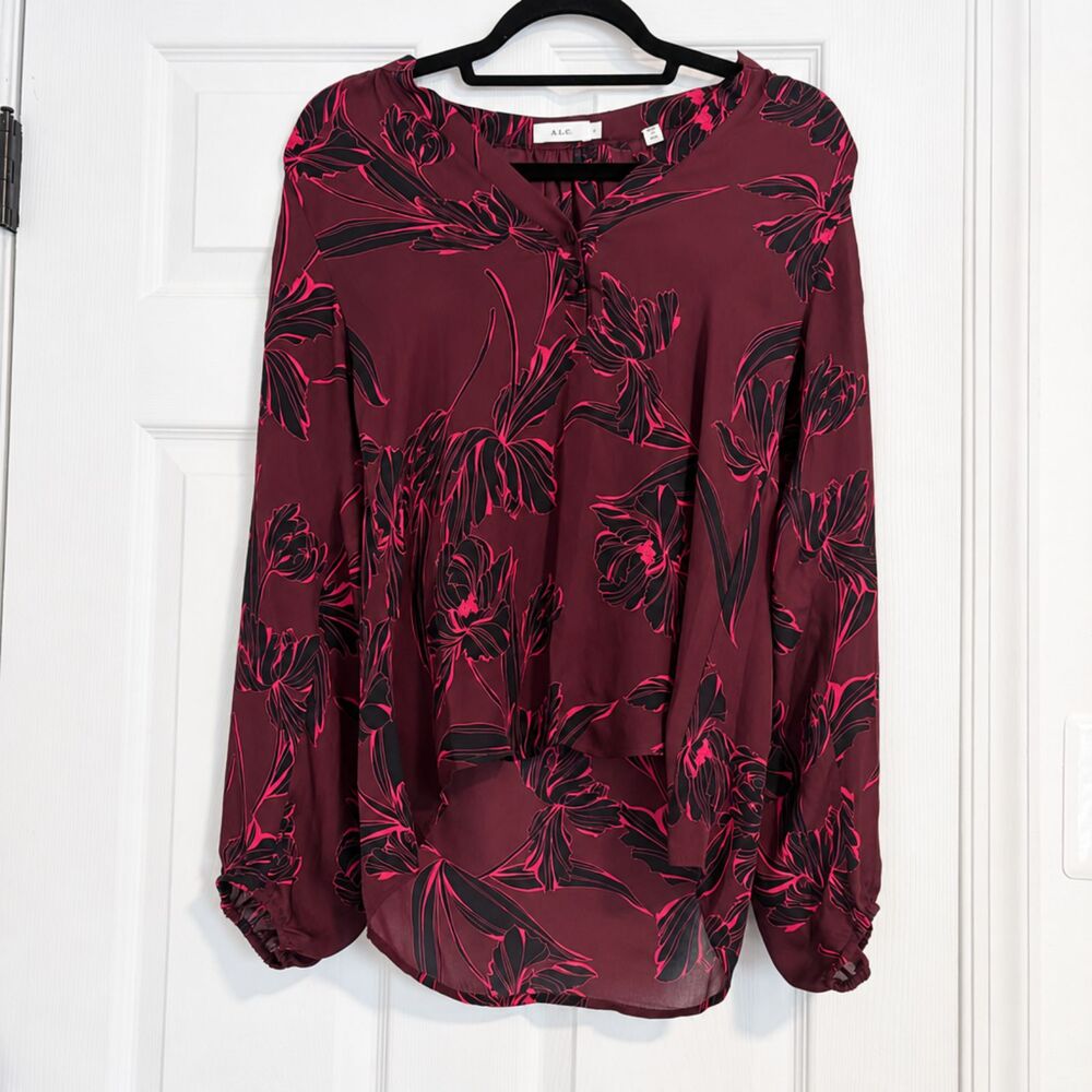 A.L.C. Silk Floral Split Neckline Sheer Long Sleeve Blouse Size 2